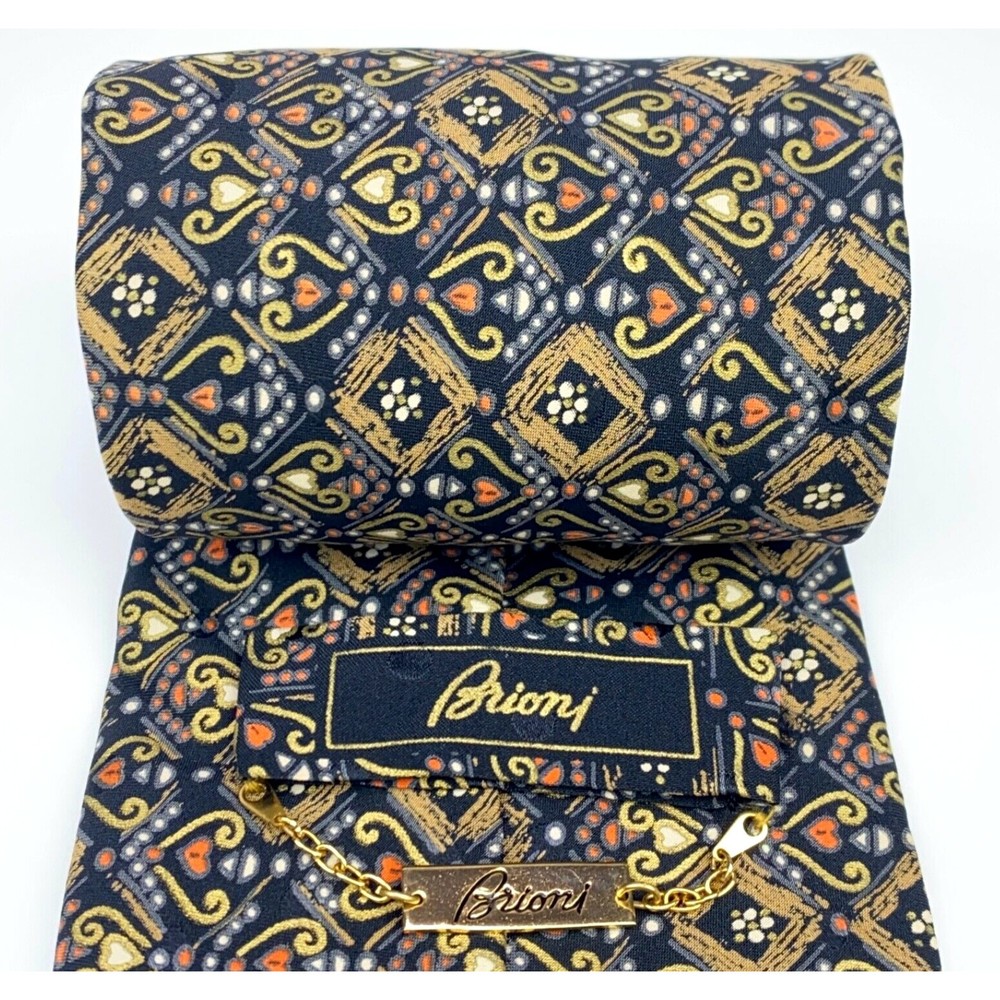 BRIONI Roma Black Gold Orange Gray Tie Mens Hearts Circles Art Necktie 60" -READ